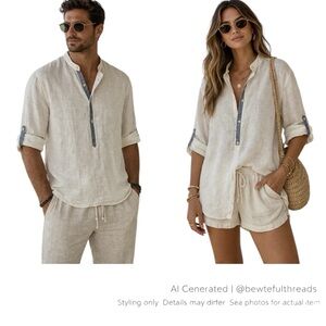 Linen Shirt L Cream Blue Trim Coastal Minimalist Relaxed Fit